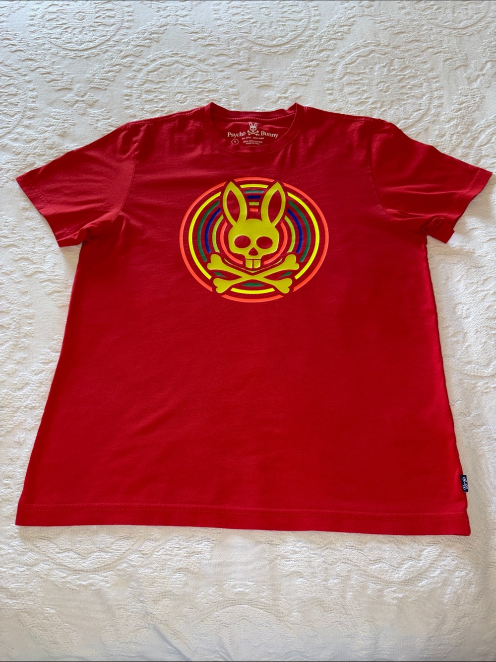 Psycho Bunny Red T‑Shirt with Neon Yellow Multicolor Logo EUC 5